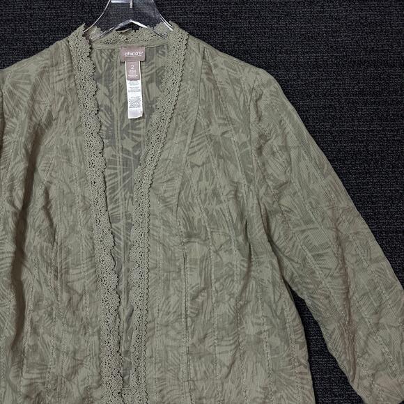 Chico's Womens Cardigan Lightweight Green Crochet Trim Size 2 (Large) - Picture 2 of 5